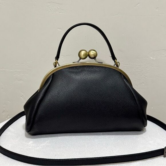 Black Togo Cowhide Leather Handmade Retro Style Kisslock Bag, Multi Use Style - Picture 1 of 16